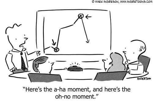 Sales Cartoon # 6878 - Here's the a-ha moment, and here's the oh-no moment.