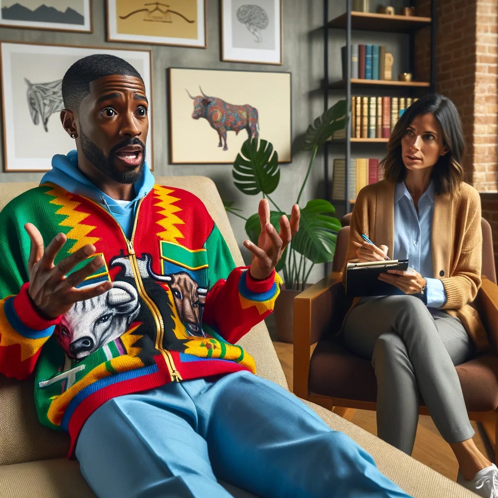 A pit trader, a Black male in his 40s, wearing a colorful trading jacket typical of CME or CBOE locals, lies on a therapist's bed. He looks animated and a bit overwhelmed, using his hands expressively as he talks about the intense atmosphere of the trading pit. The therapist, a Hispanic female in her 30s, listens intently from a nearby chair, her expression showing understanding and focus. She has a notepad and pen, jotting down notes. The room is designed for comfort and reflection, with warm lighting, a bookshelf with psychology books, and soothing art on the walls.