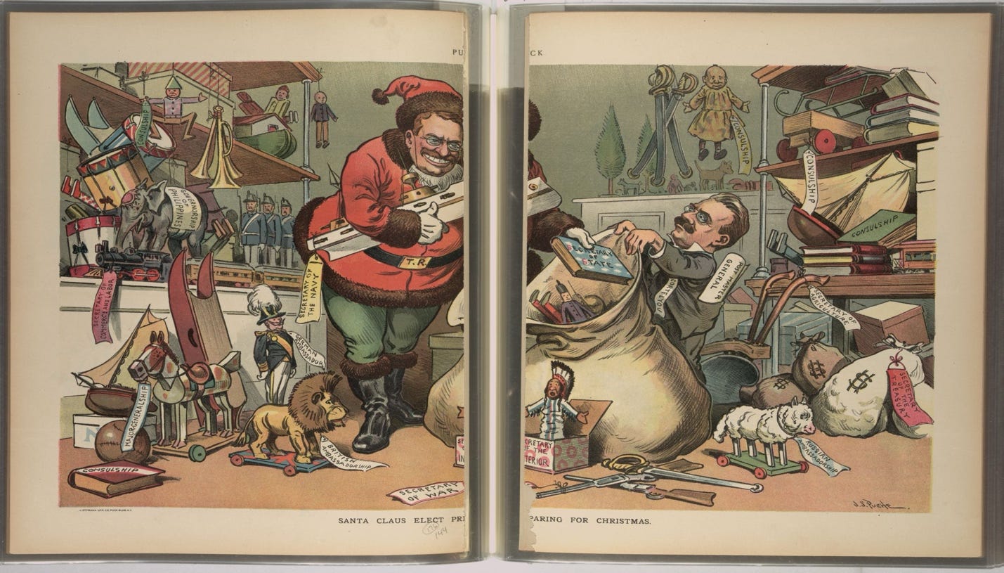 Theodore Roosevelt depicted as Santa Claus holding presents labeled "Secretary of Navy," "Governorship of Philippines," and so forth