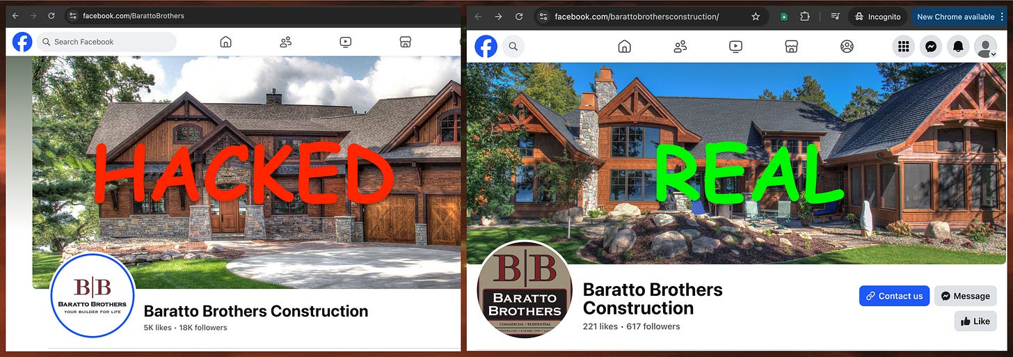 screenshots of the hacked "Baratto Brothers Construction" facebook page and the authentic replacement page