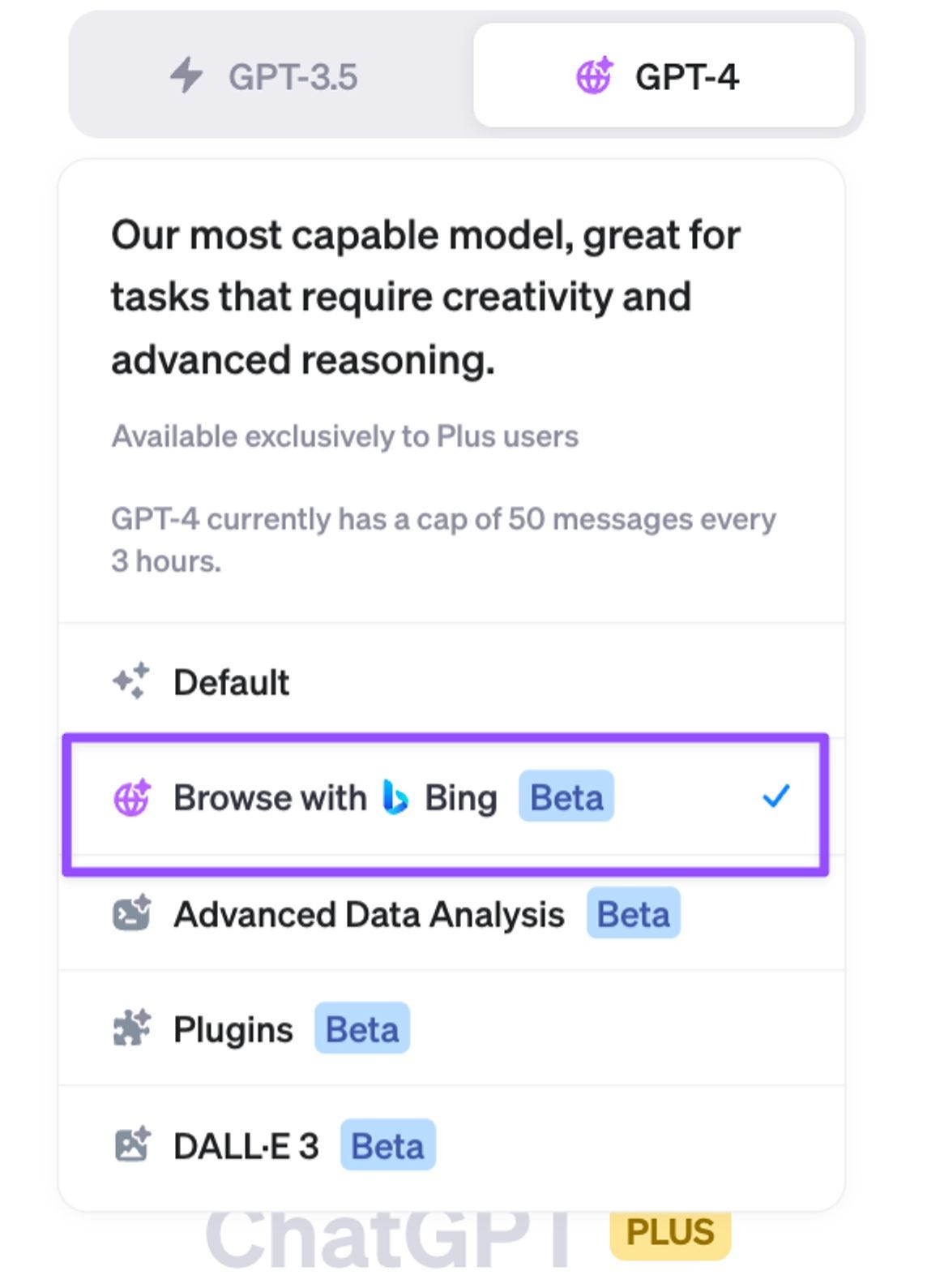Interface options for ChatGPT platform displaying available model versions and features, including 'Browse with Bing' and 'DALL-E 3' in beta.