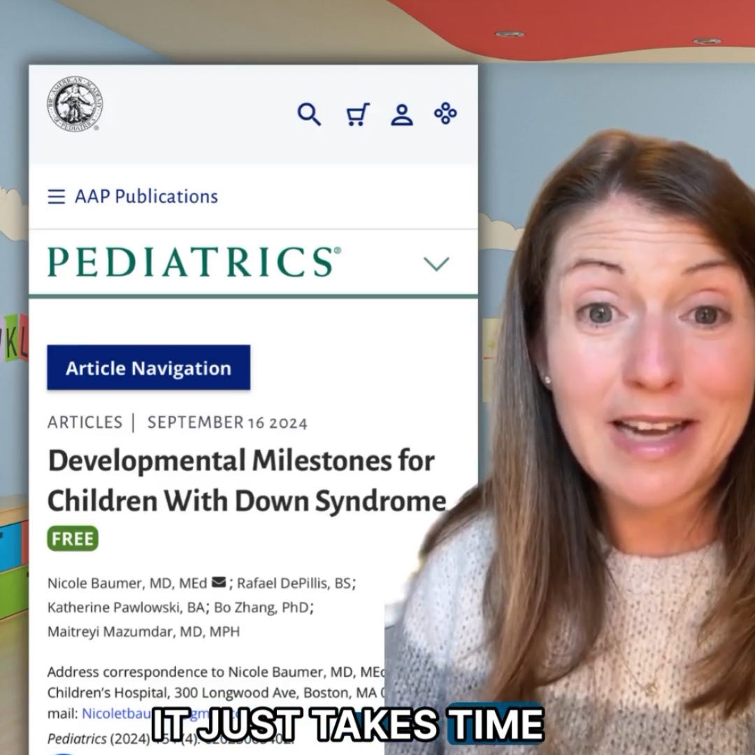 screenshot of a new study about developmental milestones for children with Down syndrome and a video overlay of Amy Julia talking