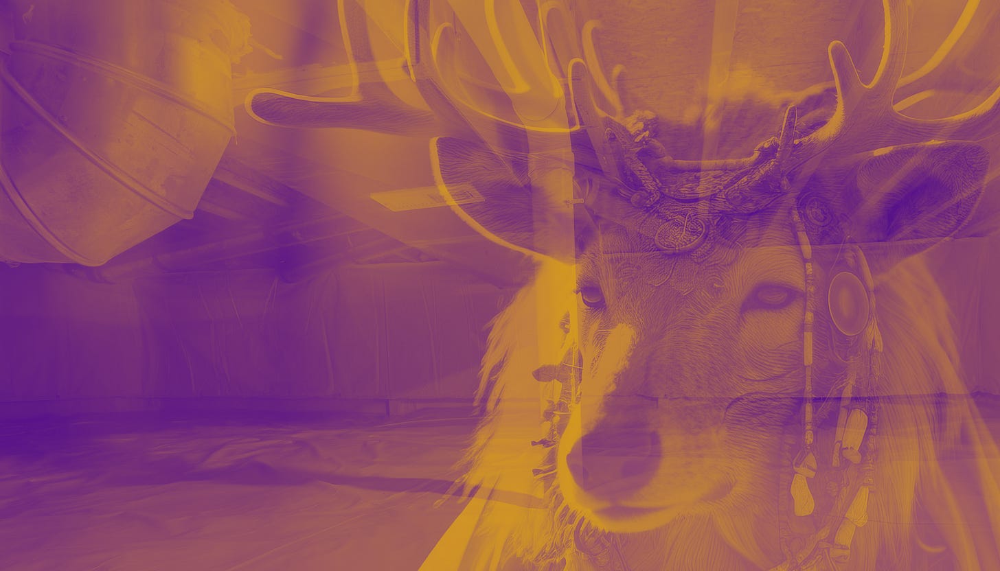 A horned animal shaman figure in a trance situated in the crawl space of a house.