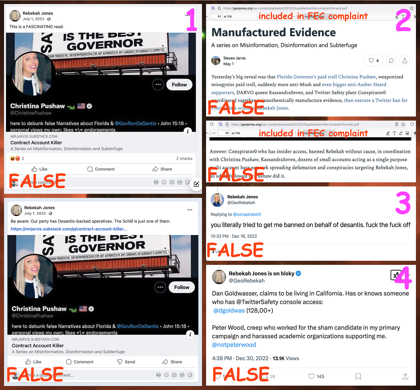 collage of Rebekah Jones posts and FEC submissions featuring Steven Jarvis's hoax about consoles and Twitter bans