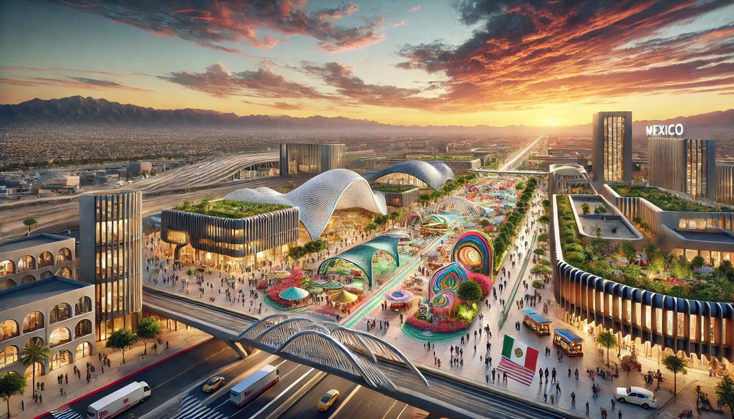 A futuristic city located on the US-Mexico border, showcasing a harmonious blend of both cultures. The cityscape features modern architecture with sustainable design elements such as solar panels and green rooftops. The central area includes a lively plaza with a blend of Mexican and American cultural symbols, surrounded by diverse food stalls, murals, and street performers. A border bridge connects the two sides with artistic arches and integrated pedestrian pathways. The background includes a desert landscape with distant mountains under a vibrant sunset.