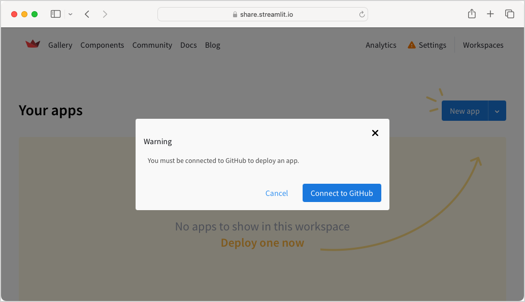 popup on community cloud dashboard warning about the need to connect to GitHub