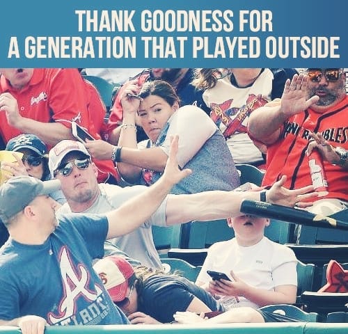 May be an image of 4 people and text that says 'THANK GOODNESS FOR A GENERATION THAT PLAYED OUTSIDE BLES A ANM'