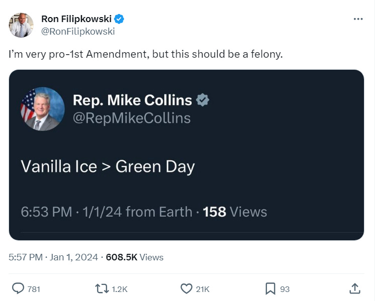 Rep. Mike Collins tweet: "Vanilla Ice > Green Day"