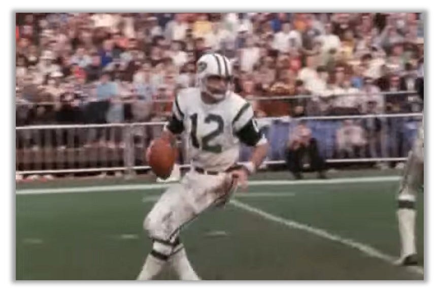 Screenshot of Joe Namath from the Heidi Game.  He is preparing to throw a pass.