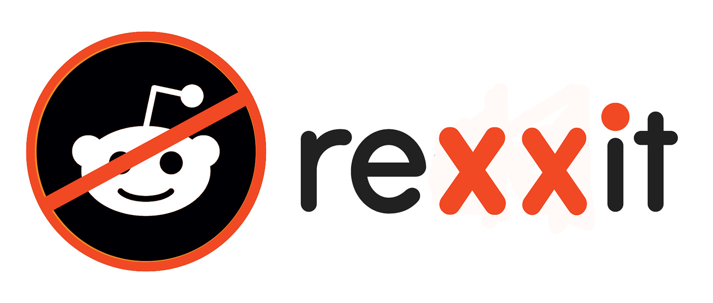 Graphic with the reddit logo crossed out, and "reddit" has been replaced with "rexxit"