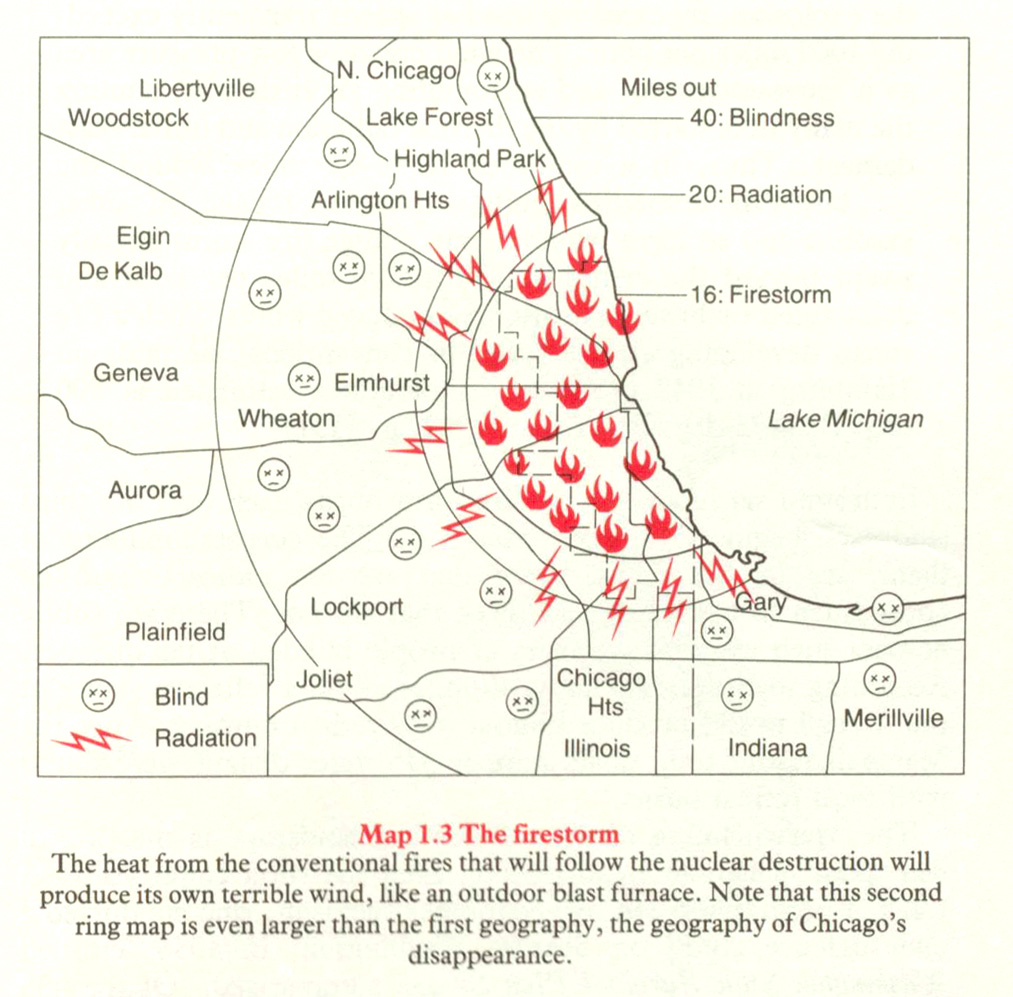 The previous map is now stepped forward in time, with the inner rings being consumed by fire icons. All around are little schematic faces with their eyes replaced with X's, which the legend indicates as "blind."