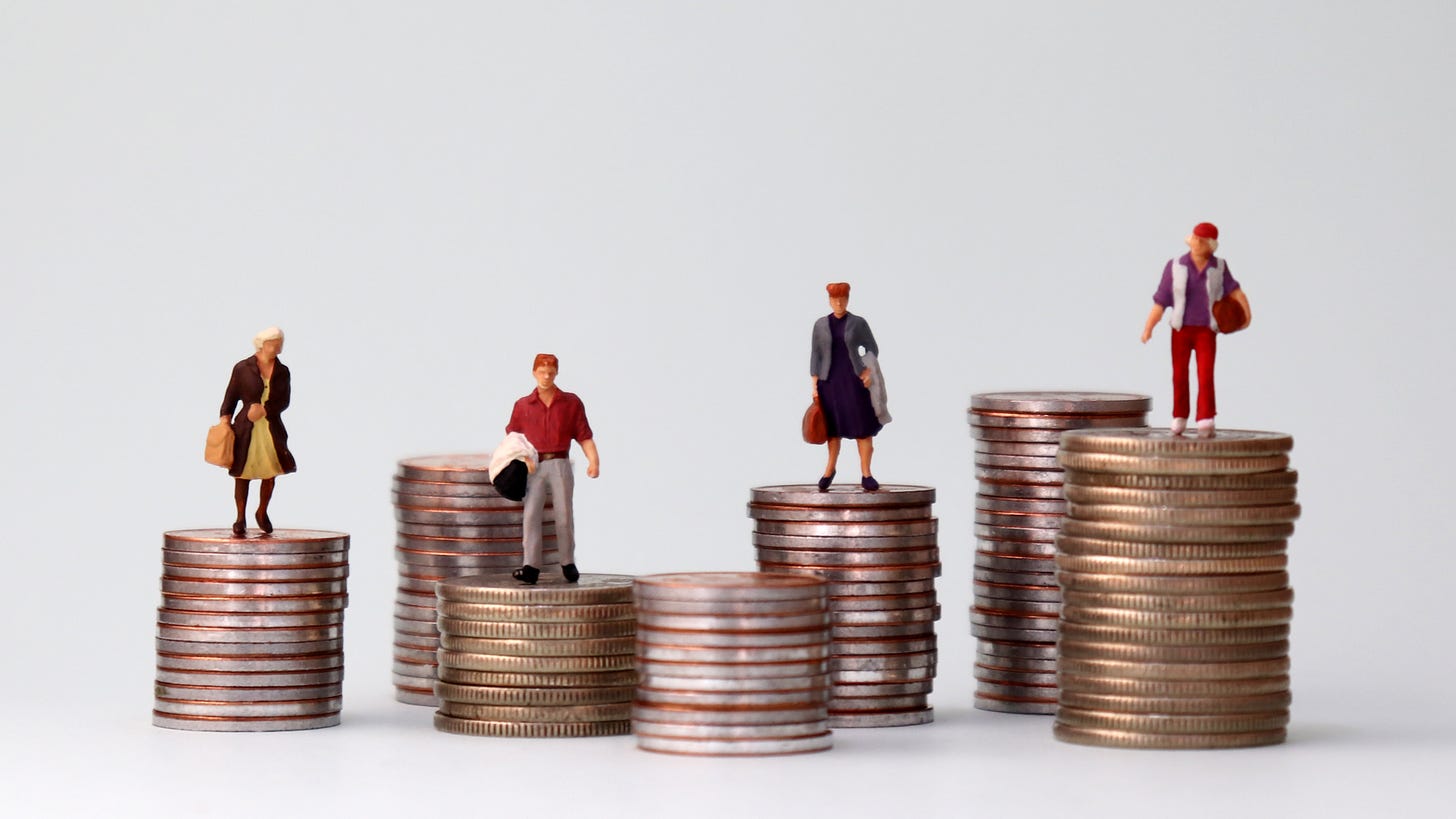 Figures resembling workers stand atop stacks of coins that are of differing heights