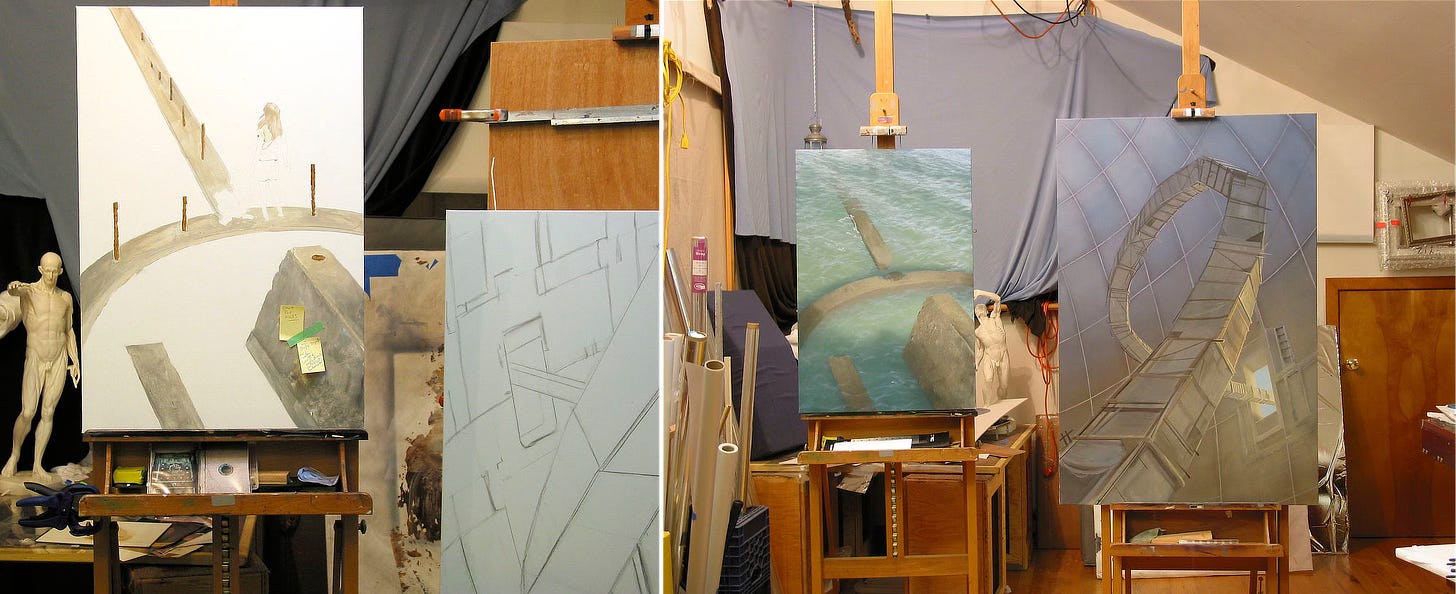 Two photos side featuring two paintings in progress. On the left, the concrete platform of SEAWALL is painted in but the water hasn't been rendered. The charcoal sketch on canvas for LUMEN 9 can be seen partially cropped in the foreground right. In the photo on the right, SEAWALL and LUMEN 9 are much farther along with the structures but no figures yet in place.