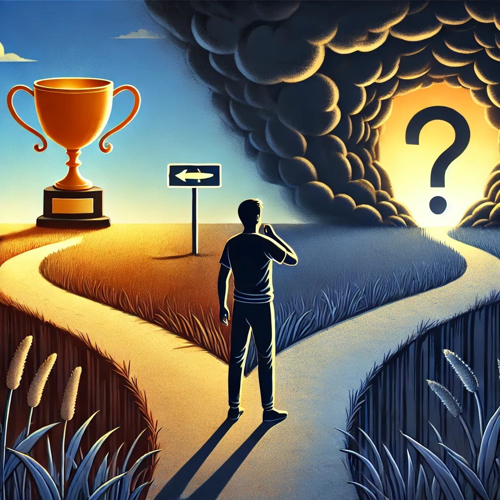 An introspective scene depicting a person standing at a fork in the road, with one path leading towards a glowing trophy (symbolizing winning) and the other path descending into a shadowy pit (symbolizing losing). The person is facing the shadowy pit, symbolizing the sentiment of focusing on the fear of loss more than the joy of winning. Their body language reflects hesitation and contemplation, while the landscape around them transitions from bright and sunny near the trophy to dark and foreboding near the pit. Above, clouds form a question mark, representing uncertainty and self-reflection.