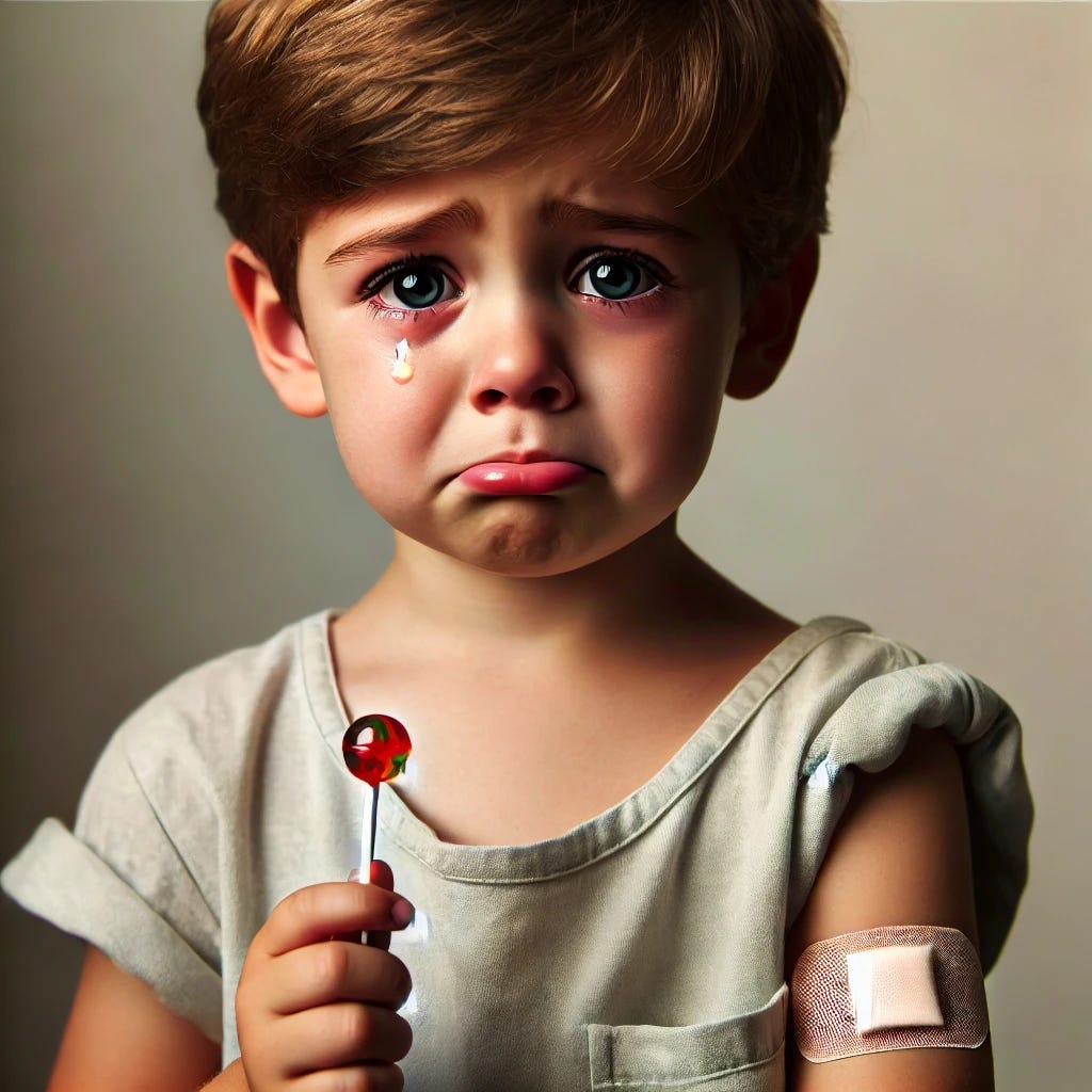 A teary young boy holding a lollipop, with a small bandage on his arm. The boy has watery eyes and a slightly pained expression. He is wearing a short-sleeved shirt. The background is simple and neutral, keeping the focus on the boy. No medical equipment or needles visible.