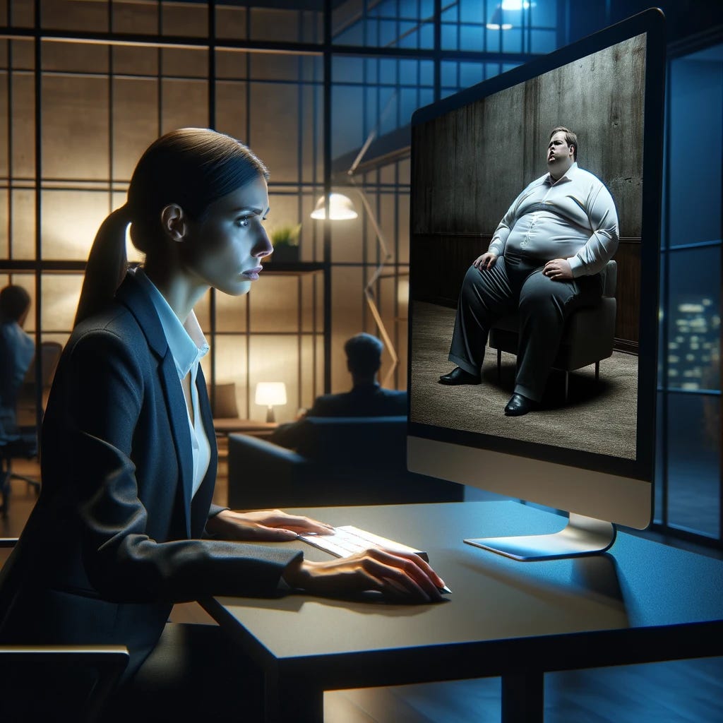 A professional female executive in a modern, well-lit office, dressed in business attire, is intently looking at a computer screen. The screen vividly displays an image of an overweight man sitting alone, crying in the corner of a dimly lit room, emphasizing a sense of isolation and emotional turmoil. The office setting contrasts sharply with the somber scene depicted on the screen, highlighting the executive's engagement and possible concern with the content she is viewing. The environment around the executive is sleek and contemporary, with minimalistic decor and advanced technology, symbolizing her high-ranking position.