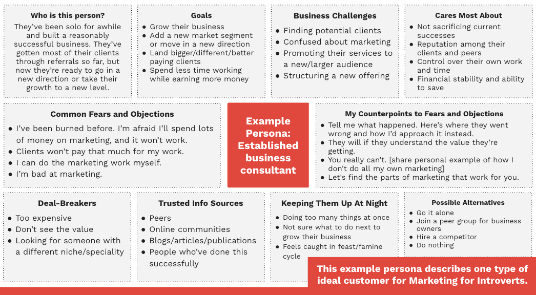 An example completed persona template. Alt text under the header, "Alt Text for Example Completed Client Persona"