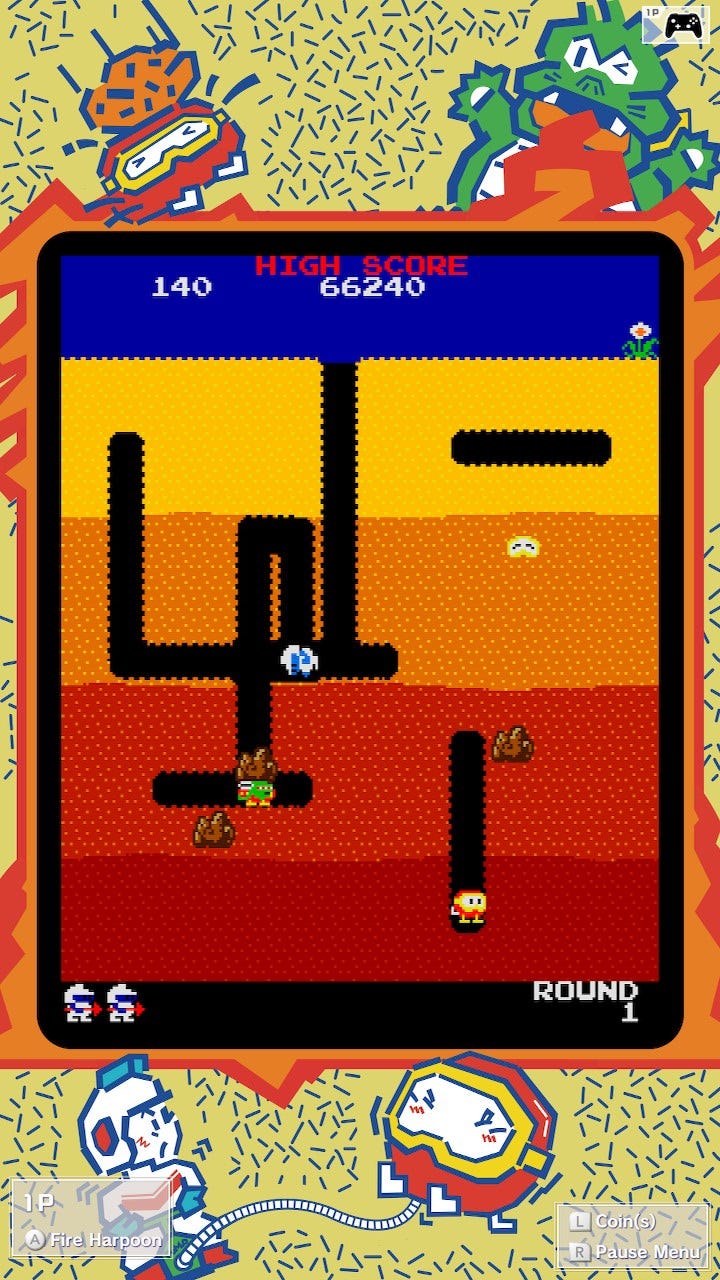 A screenshot showing off the vertically oriented TATE display mode option in Namco Museum Switch's version of Dig Dug