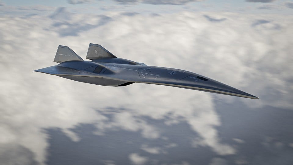 Illustration of the Lockheed Martin SR-72 hypersonic spy plane in flight.