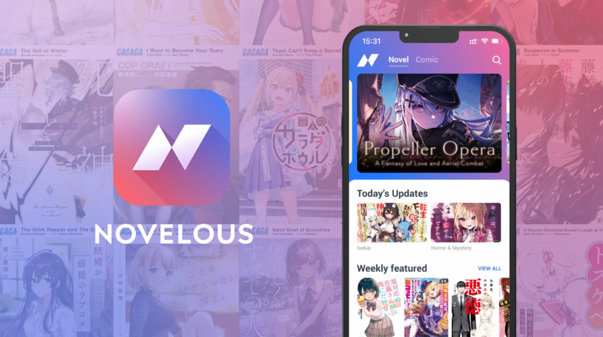 Logo of mobile app Novelous, the Novelous wordmark, and a mockup of the Novelous mobile app user interface. They are overlayed on multiple light novel cover illustrations.