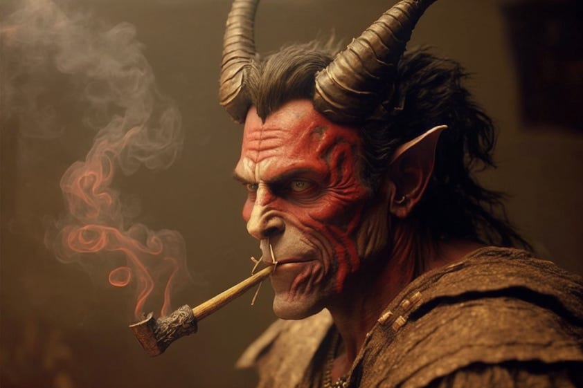 AI-generated image of a devil smoking marijuana