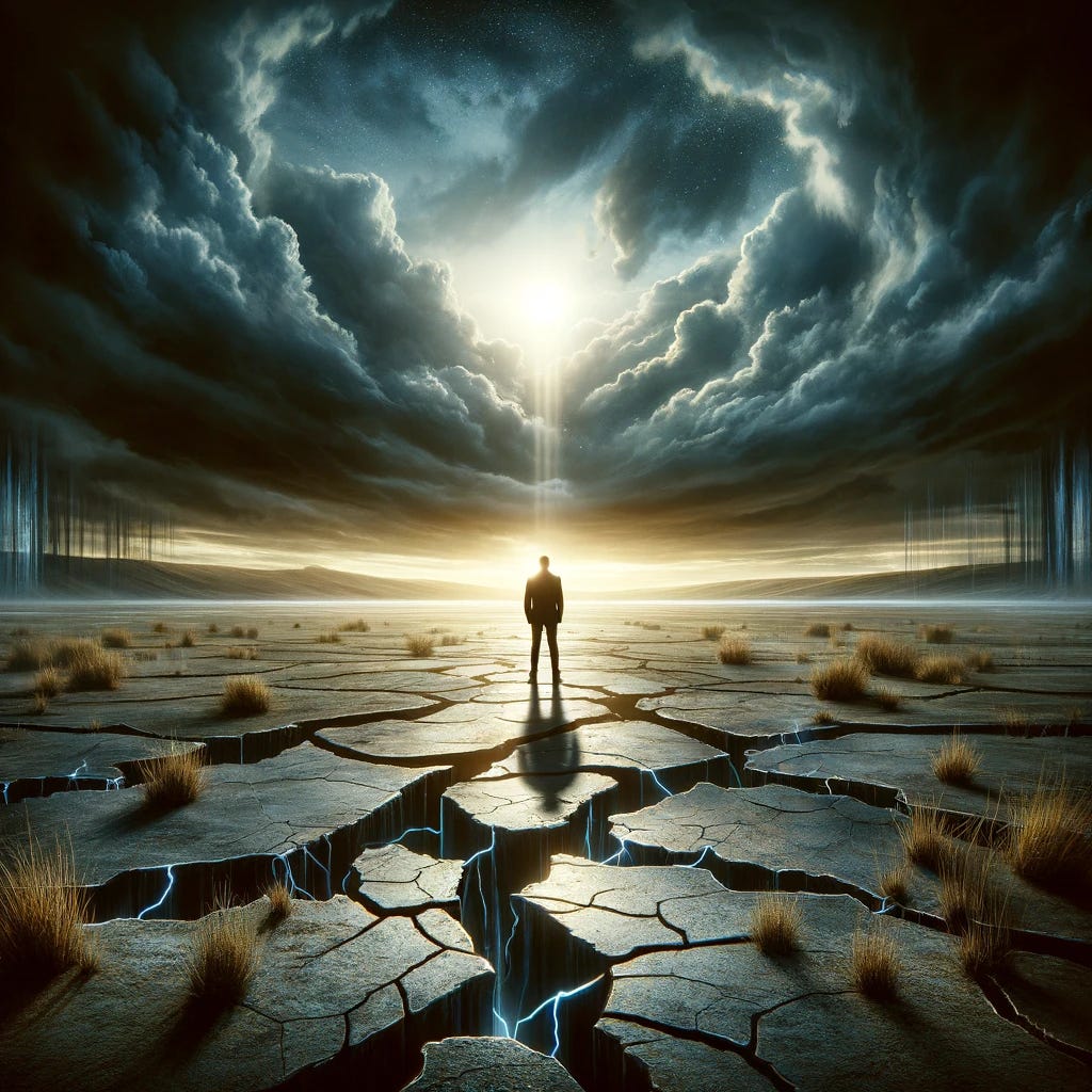 A striking, photorealistic image that symbolizes the concept of unexpressed emotions in a powerful way. The scene shows a person standing alone in a desolate landscape, staring at a cracked earth ground, symbolizing the internal struggle and emotional suppression. The sky above is stormy, reflecting turmoil, and in the distance, a bright sun breaks through the clouds, symbolizing hope and the potential for emotional release. The image should evoke a sense of introspection and the complex nature of human emotions.
