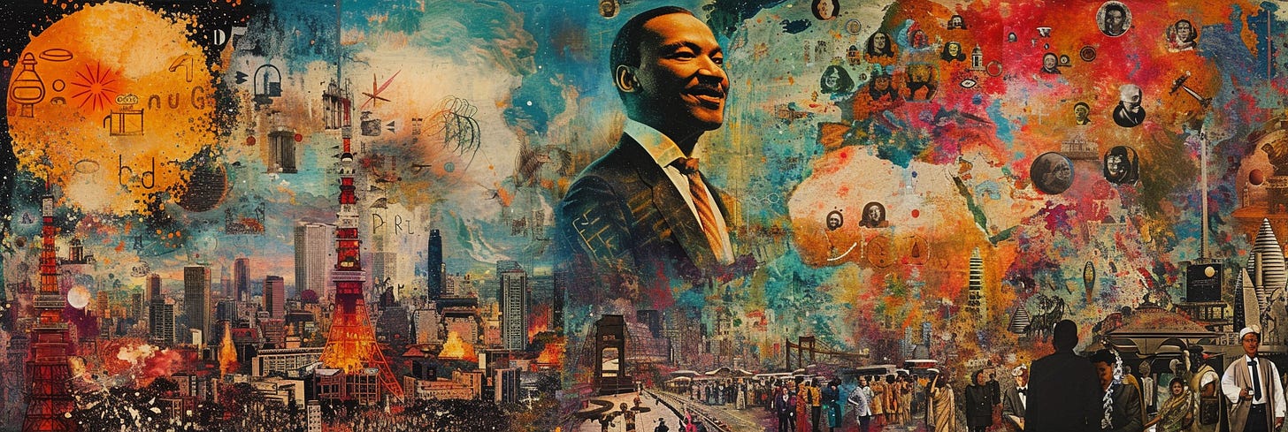 A panoramic digital collage featuring a prominent figure surrounded by historical and cultural symbols, cityscapes, and various small portraits, blending iconic architecture and moments of societal progress.