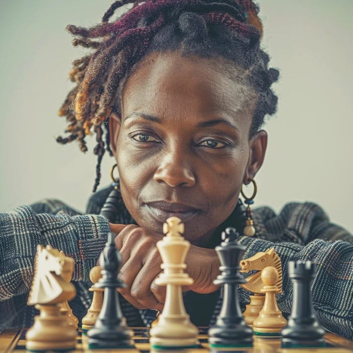 Photorealistic image of an African-American woman, pondering a chessboard