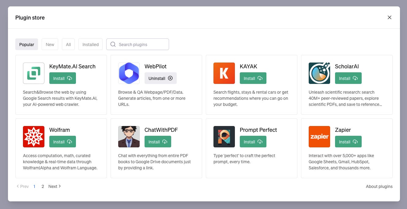 Screenshot of popular ChatGPT plugins