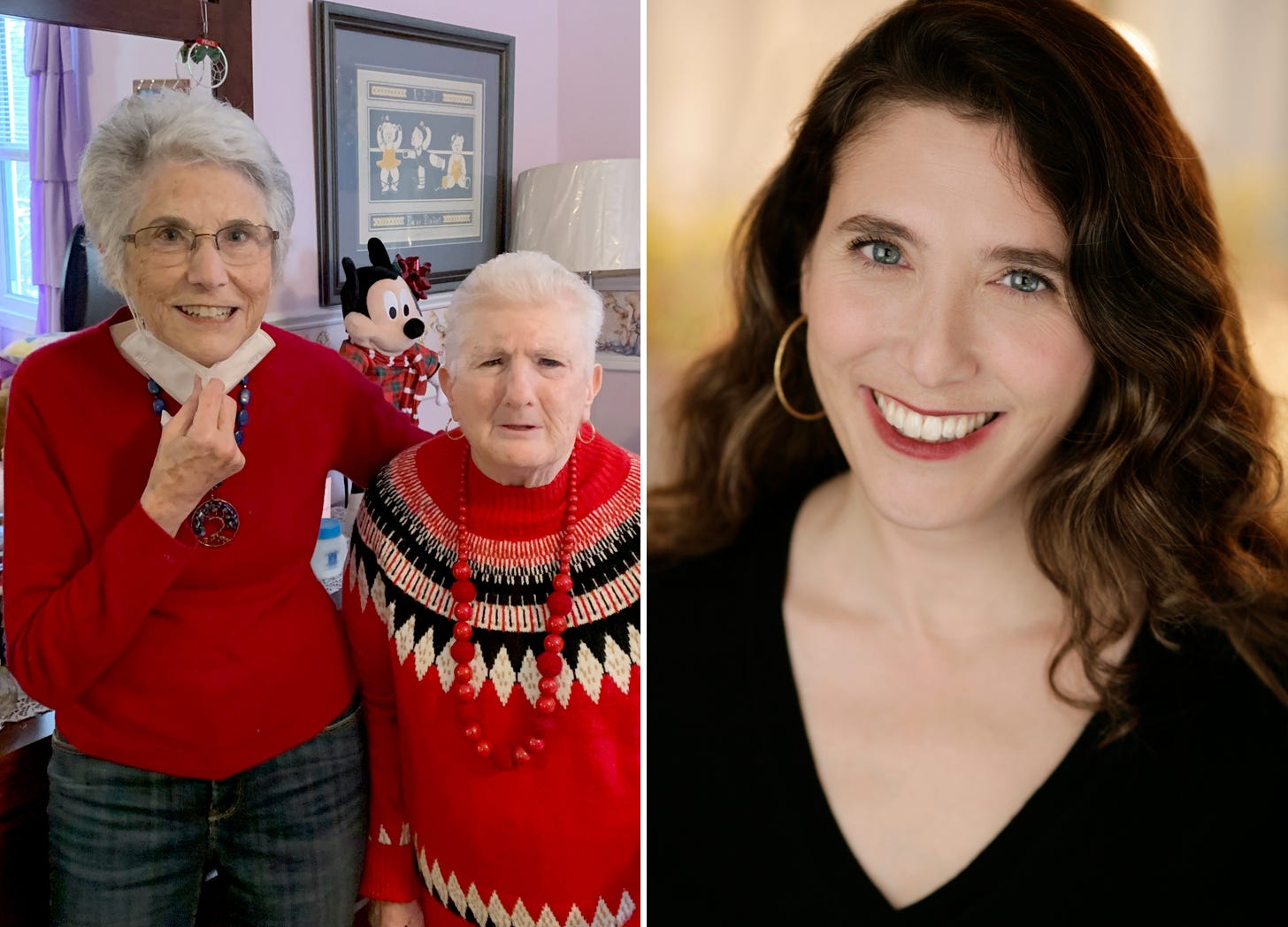 Two photos side by side. On the left: Jennifer Senior’s mother Rona poses with her sister, Adele, at Adele’s group home in upstate New York. On the right: a headshot of Atlantic staff writer Jennifer Senior.