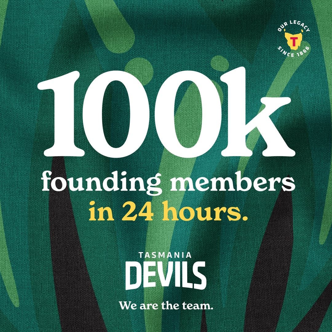 May be an image of text that says 'OURLEGACY LEGACY SINCE SINCE1866 SINCE 1866 100k founding members in 24 hours. TASMANIA DEVILS We are the Wearethteam. team.'