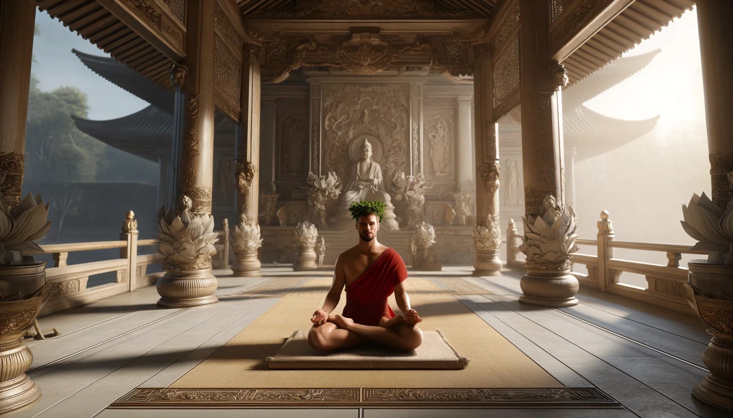 DALL·E 2024-04-18 12.59.55 - A neoclassical style scene depicting a Roman emperor meditating in a Buddhist temple. The empe.webp
