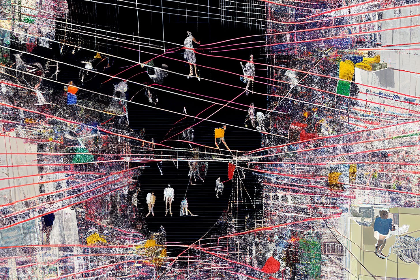 Midjourney-generated image of people in open space connected by wires and many colors chaotically