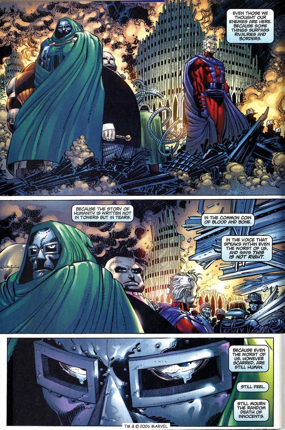 Comics page showing Marvel villains Dr. Doom, Kingpin, Dr. Octopus, and Magneto viewing the aftermath of 9/11 in somber silence.