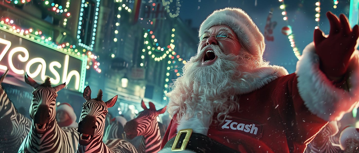 hyperrealistic film still of Santa screaming euphoric, his eyes are wide open. Scene from a GTA movie and its a crazy money and unicorn vibes. Zebras surround him, cheering. We see it from front of Santa. oversized holiday-theme letters read "Zcash". cyphercore to the max, Visual style is faded polaroid retro --ar 21:9 --v 6.0 --style raw - Upscaled (Subtle)
