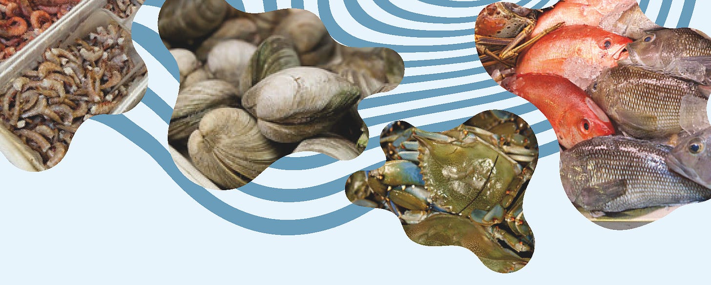 A graphic with pictures of shrimp, clams, fish, and crabs