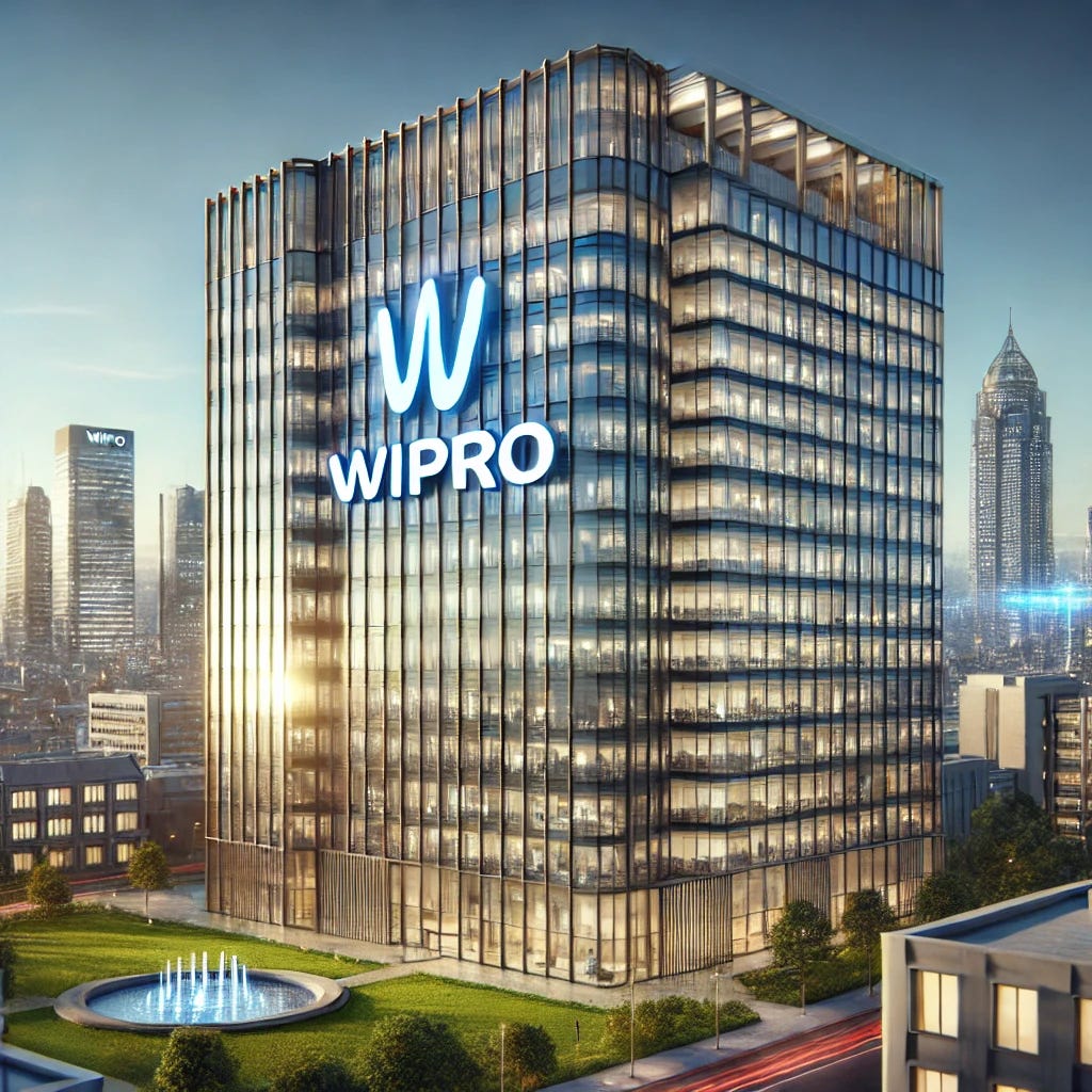 A modern, sleek and professional office building with the Wipro logo visible on the facade. The building is tall with glass panels reflecting sunlight, and a green park in front. The background shows a bustling cityscape with clear blue skies and a futuristic design. The Wipro logo is clearly displayed on the front of the building.