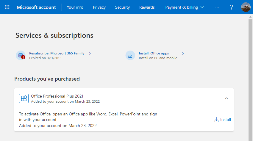 Screenshot of a Microsoft account page with a record that I've purchased Office Profesional Plus 2021 and an Install link next to that listing.
