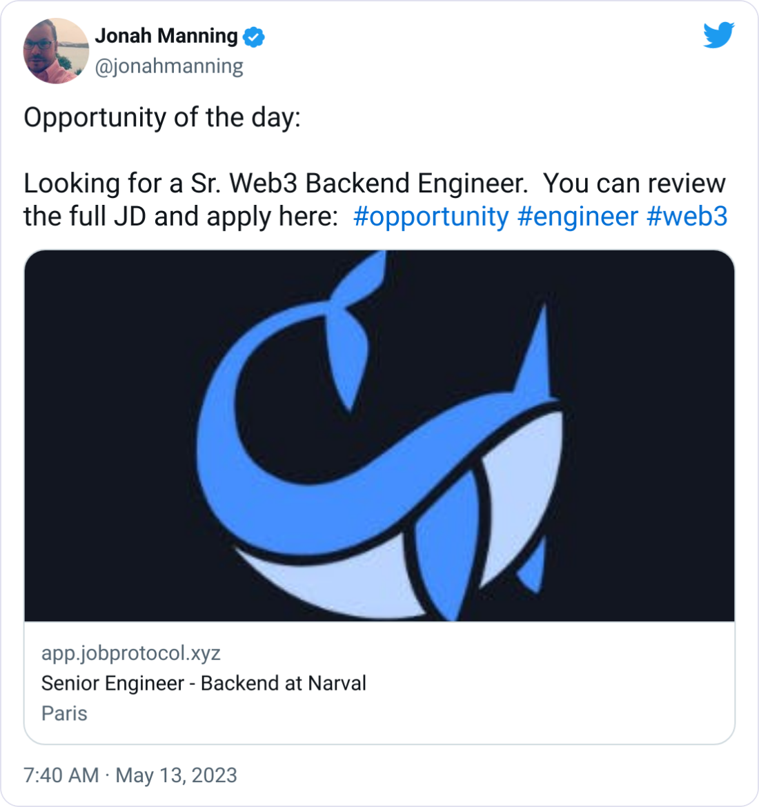 Jonah Manning @jonahmanning Opportunity of the day:  Looking for a Sr. Web3 Backend Engineer.  You can review the full JD and apply here:  #opportunity #engineer #web3
