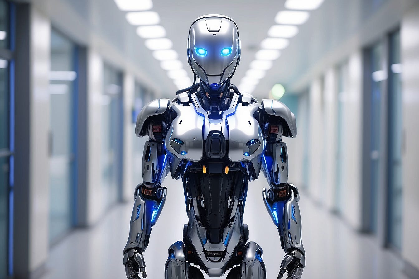 A futuristic robot which has a sleek metallic exterior and glowing blue lights give it a modern and cutting-edge appearance. The robot is roaming around inside a hospitals helping patients.