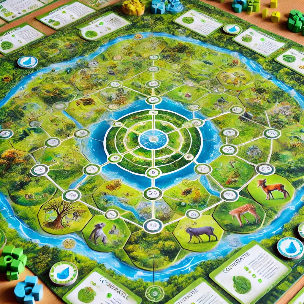 A collaborative board game featuring a nature-inspired theme. The board design includes lush green landscapes, forests, rivers, and wildlife elements like birds and deer. The game layout consists of interconnected pathways forming a harmonious network, symbolizing cooperation. Spaces on the board are marked with eco-friendly icons like trees, flowers, and water droplets. The overall color scheme is green and earthy tones, promoting a sense of calm and connection to nature. A central circular hub represents collective goals, surrounded by areas for different tasks or challenges related to protecting and nurturing the environment.