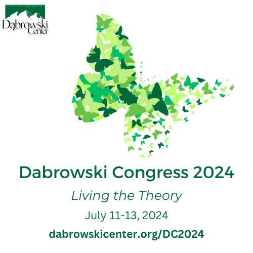 Image of a butterfly made up of little butterflies in varying shades of green. Dabrowski Center logo in the upper right corner. The text is in dark green and includes: Dabrowski Congress 2024, Living the Theory, July 11-13, 2024, dabrowskicenter.org/DC2024