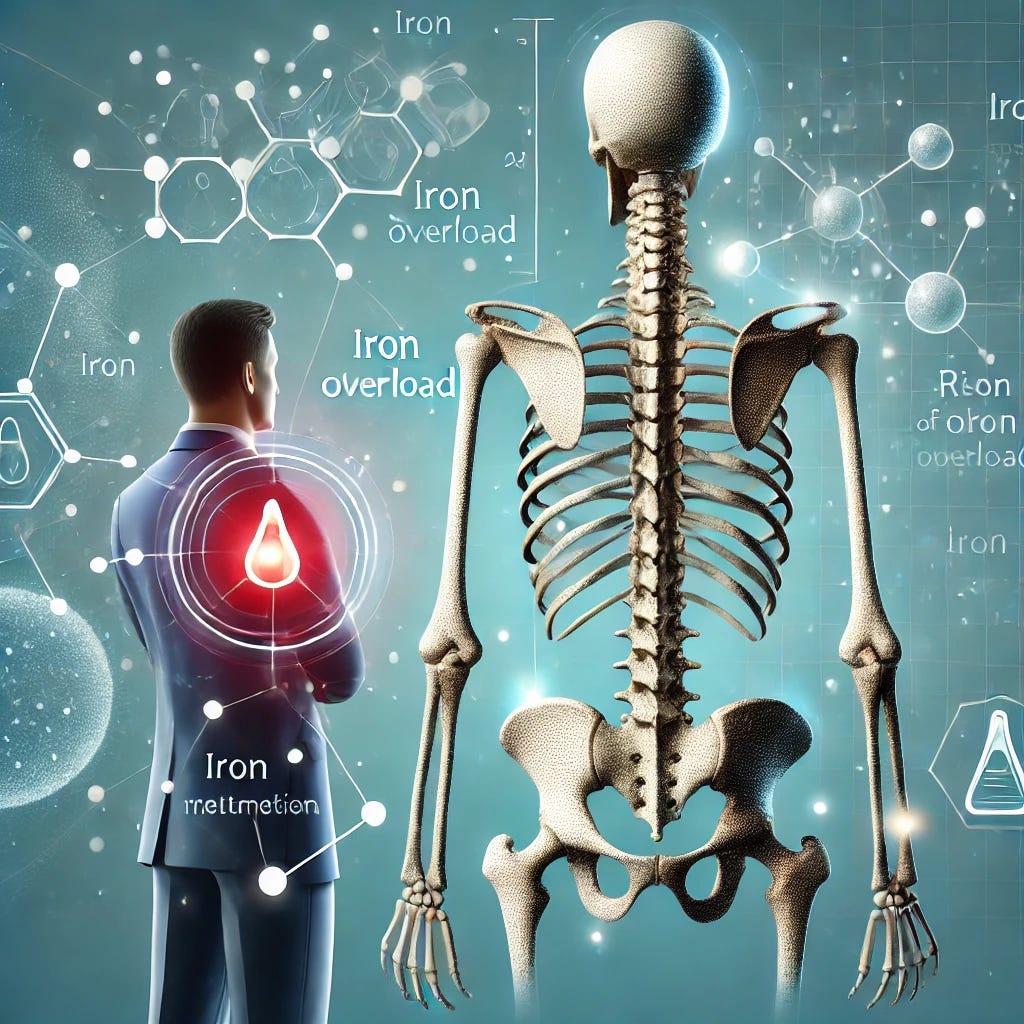 A professional and modern medical illustration focusing on the risks of iron overload on bone health. The image should include simplified depictions of bones such as the vertebrae and humerus, with symbolic representations of iron overload, like iron molecules interacting with bones. Highlight the fragility of the bones through visual cues like subtle fractures or thinning bone structure. The design should emphasize clarity and innovation, with a clean layout and a positive tone to suggest awareness and treatment potential. Incorporate subtle icons for medical research or laboratory analysis for context.