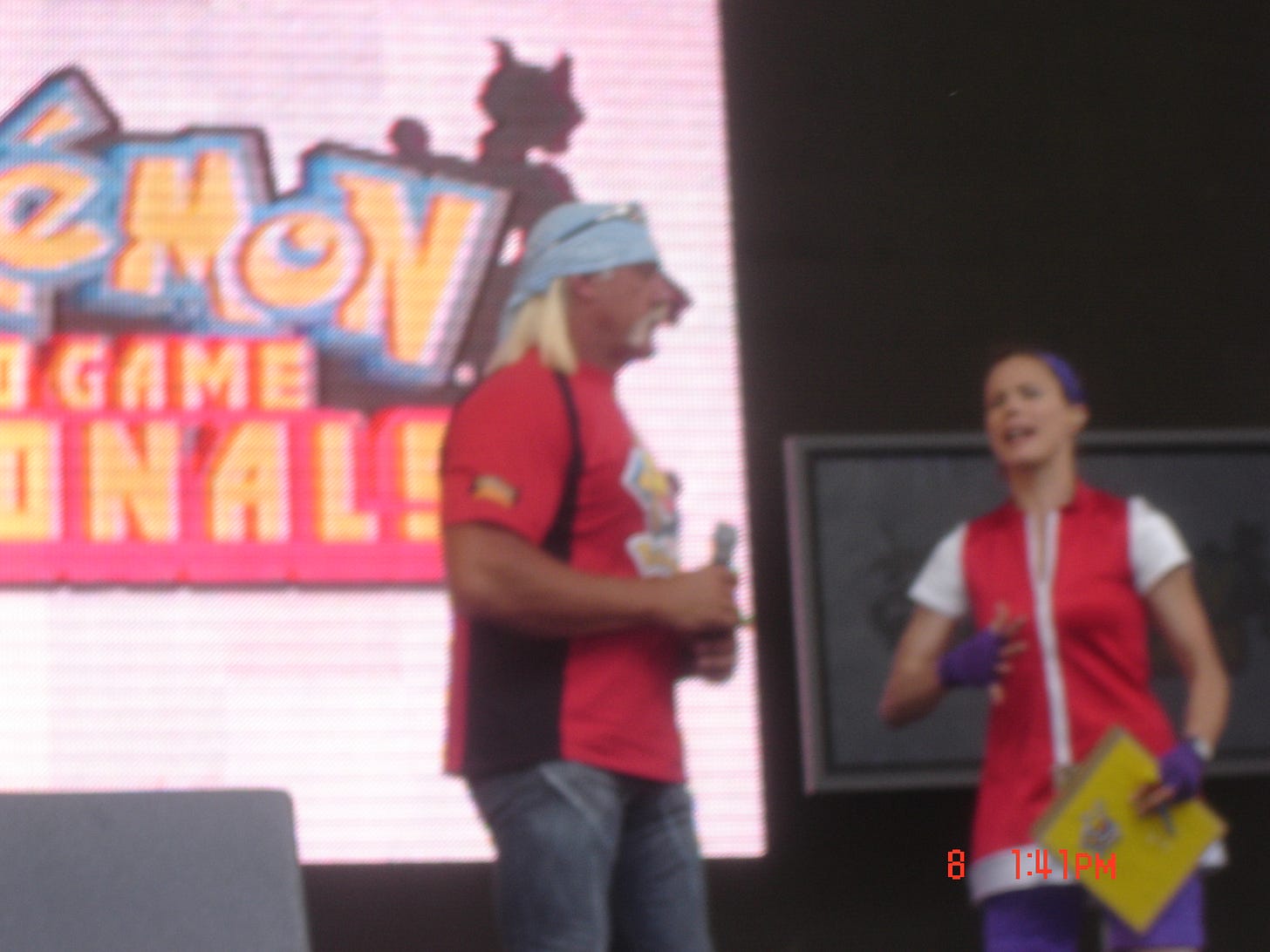 Professional wrestler Hulk Hogan on stage hosting the event in Bryant Park