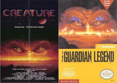 A side-by-side comparison of the film poster for the 1985 film The Creature, next to the previously shown cover for the North American release of The Guardian Legend. The movie poster has the eyes set lower, but it's still eyes in the background over a red landscape, staring out over the horizon.
