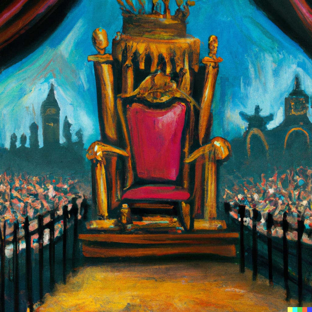 an acrylic painting of a throne overlooking a crowd