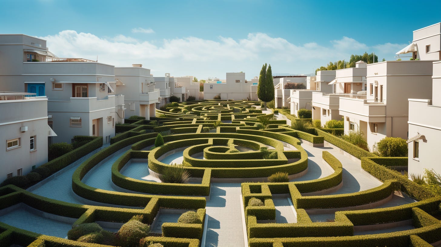 Complex maze pathway leading to a modern, beautiful affordable housing unit, symbolizing the journey to secure low-income homes