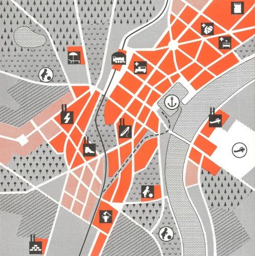 Visual designs like this aerial view of an urban space block out different sections in different colours, and use small symbols in each section to define their contents and uses, so that viewers can see at a glance what the purpose of each tract of land might be.