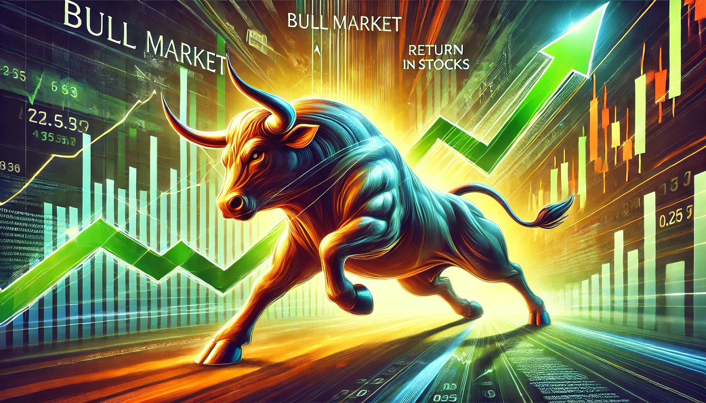 A vibrant, dynamic illustration representing the return of a bull market in stocks. The image should feature a powerful bull charging upward, symbolizing market optimism and growth. In the background, show stock market graphs and charts trending upwards, with green arrows indicating positive movement. The bull should be depicted as strong and energetic, with a confident, forward-moving stance. The overall color scheme should be lively, with bright greens and golds dominating to convey a sense of prosperity and bullish momentum. Avoid text, focusing on the visual elements to convey the message of bullish bets on stocks.