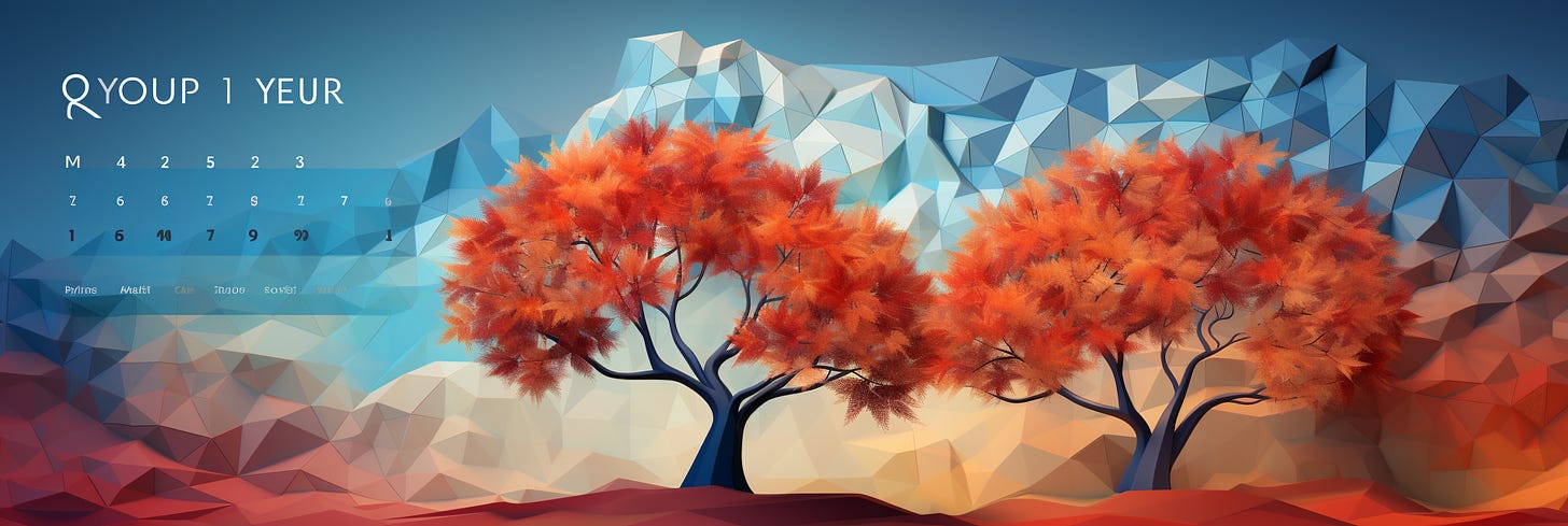 This vibrant image features a low-poly landscape transitioning from cool blue hues on the left to warm reds on the right, reminiscent of a change from day to night or from one season to another. Three stylized trees with fiery orange foliage stand out against the geometric backdrop, their colors popping vividly, suggesting an autumnal theme. Above the landscape, an assortment of letters and numbers in different fonts and sizes float across the image, perhaps indicating a layer of information or data superimposed over a natural scene. The blend of digital art and elements of nature creates a striking contrast between the organic and the constructed.